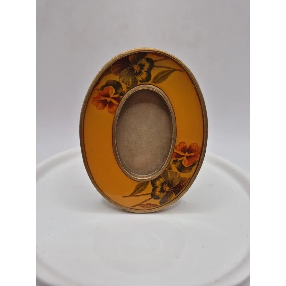 Vintage The Bucklers Inc Miniature Oval Frame Yellow Enamel Florals 3
